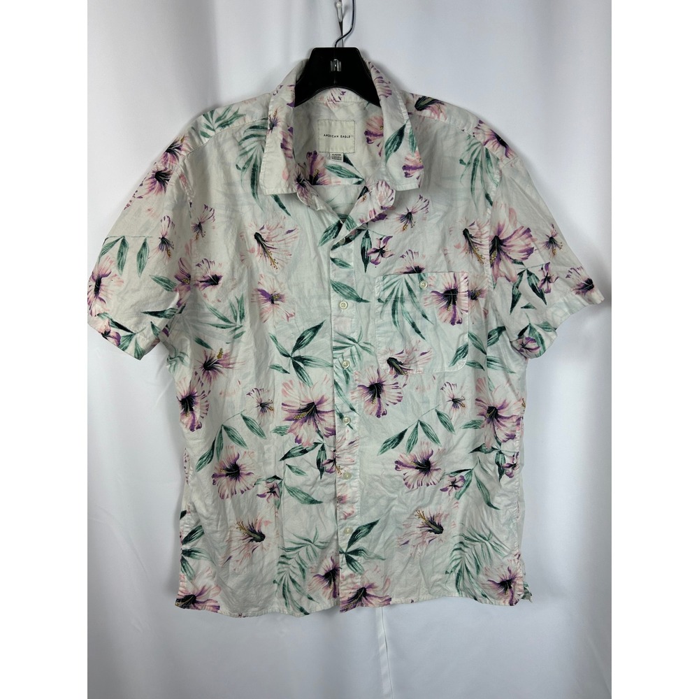 Mens American Eagle Floral Hibiscus Tropical Button Down Short Sleeve Shirt XL